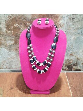 Black and White Double Strand Resin Bead Necklace Earring Set